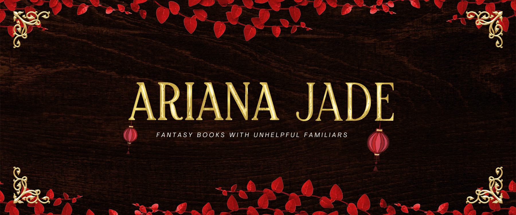 logo of Ariana Jade. Dark wood background, red leaves, gold corner decorations. There are red Chinese lanterns dangling of the A and E of Ariana Jade